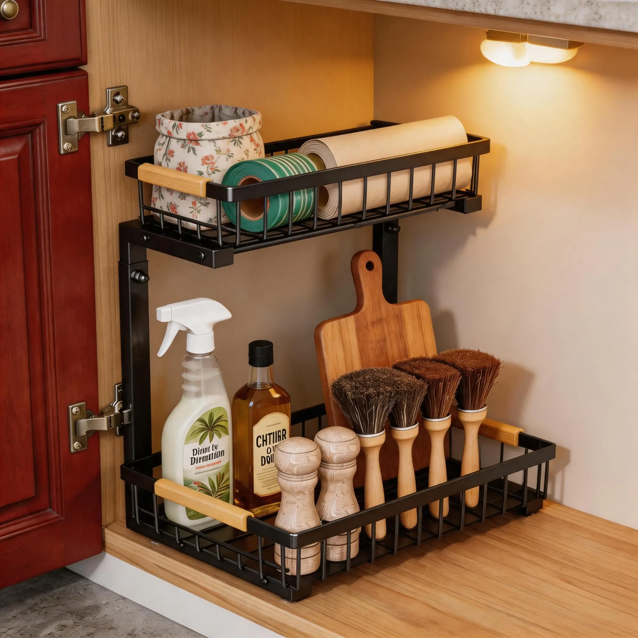 2-Tier Under Sink Organizer with Slide-Out Drawers, Height-Adjustable Pull-Out Cabinet Storage for Kitchen Bathroom, Heavy-Duty Metal Rack with Wood Handle, Space-Saver for Cleaning Supplies