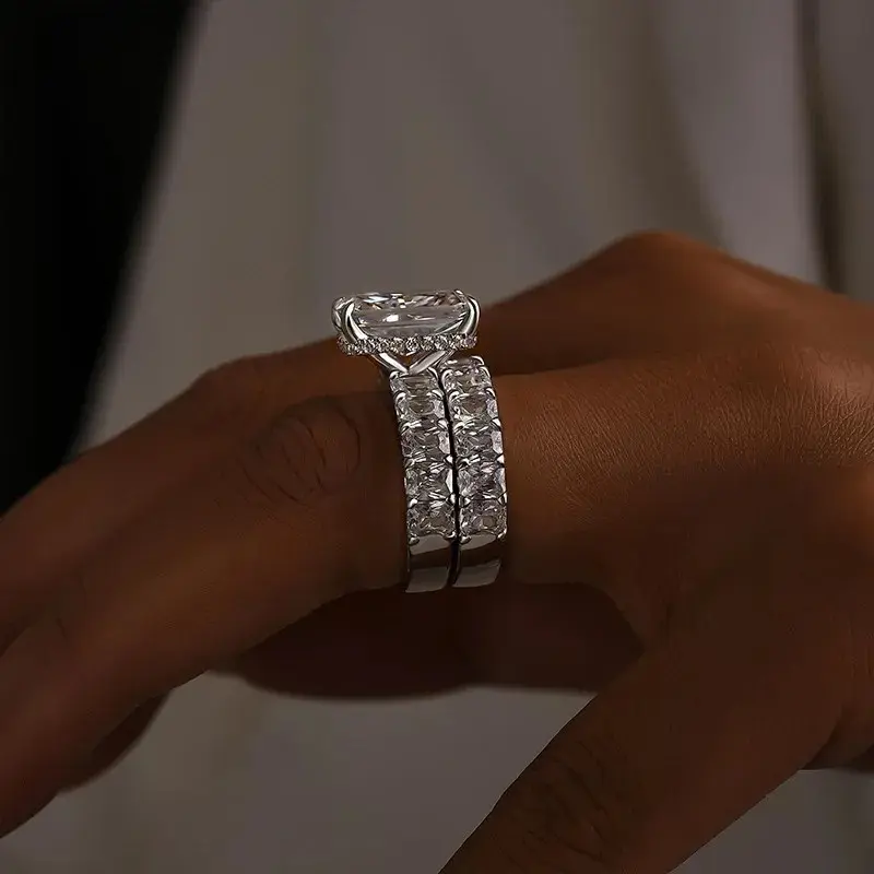 Maxine CZ 5.0ct Radiant Cut 2PC Engagement Ring Set,Bridal Ring Half Eternity Band Set In Sterling Silver, 5A Cubic Zirconia Women's Ring Jewelry,Wedding Ring Set for Daily,Travel,Proposal,Birthday,Anniversary, Engagement Rings