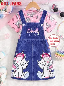 Girls' Summer Fashion Dress, Rainbow Unicorn Print Denim Style, Casual Soft Comfortable Clothing, Cute Daily Wear for Kids