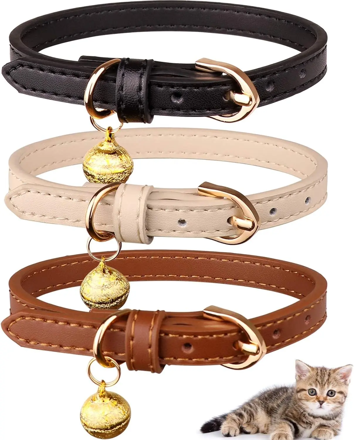 3 Pack Leather Cat Kitten Collars with Bells Soft Safety Pet Collar Black Chocolate Beige(XS)
