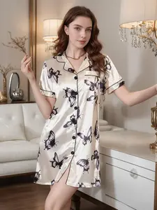 Women's Silk-Like Lapel Sleep Dress, Butterfly Print Short Sleeve Nightgown, Casual Fitted Homewear Pajamas, Comfortable Loungewear, Nightwear