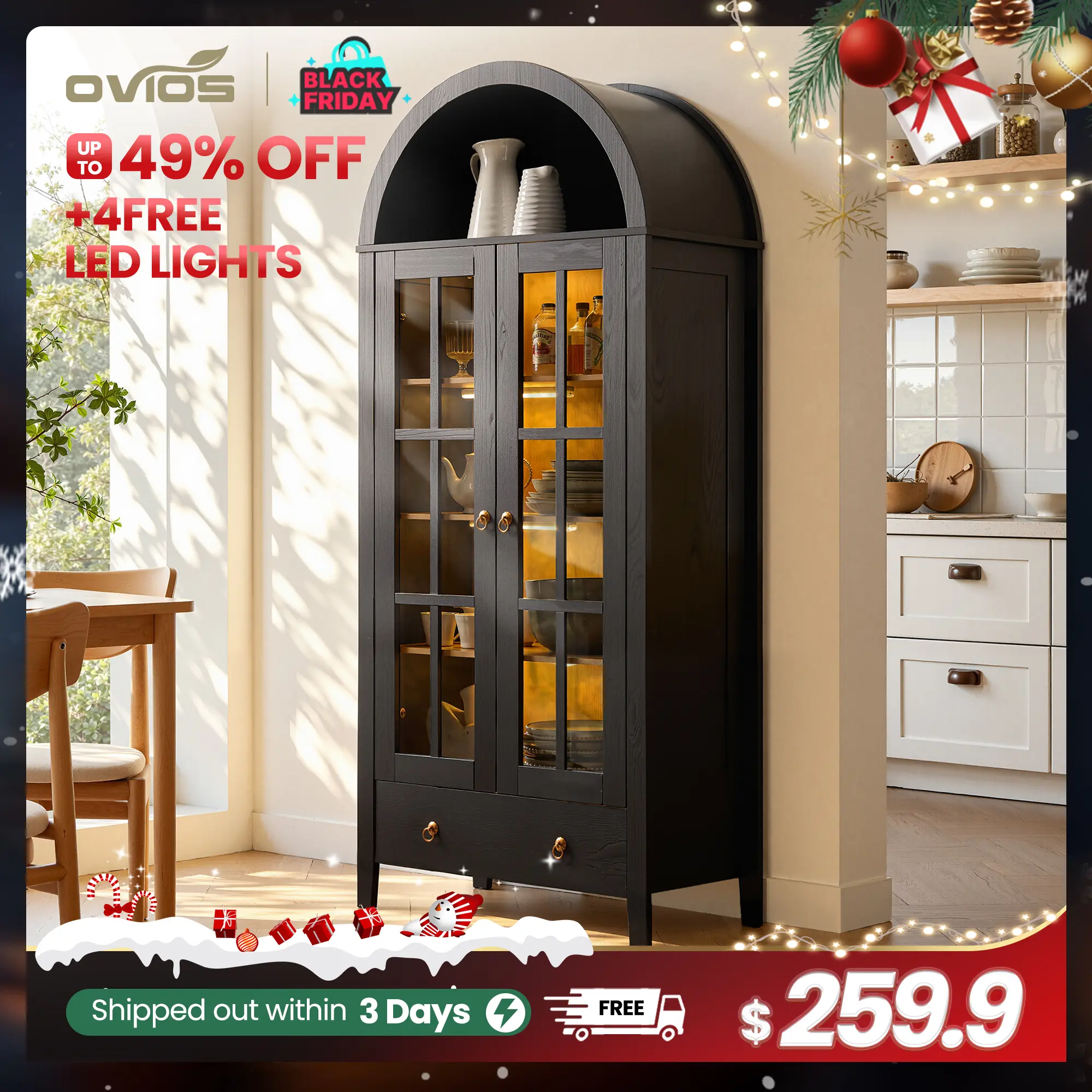 【SohoChic Sale】Ovios 71" Tall Arched Kitchen Pantry with Glass Door & Magnetic LED Lights, Modern Farmhouse Deep-Drawer Livingroom Storage Cabinet, Eco Wood Panel, Cupboard for Kitchen/Dining/Bathroom/Toy
