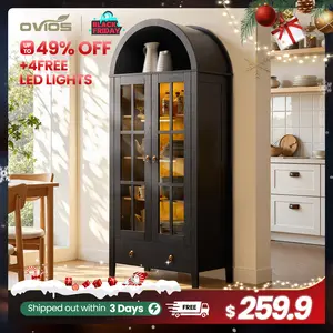 【Jumpstart Sale】Ovios 71" Tall Arched Kitchen Pantry with Glass Door & Magnetic LED Lights, Modern Farmhouse Deep-Drawer Livingroom Storage Cabinet, Eco Wood Panel, Cupboard for Kitchen/Dining/Bathroom/Toy