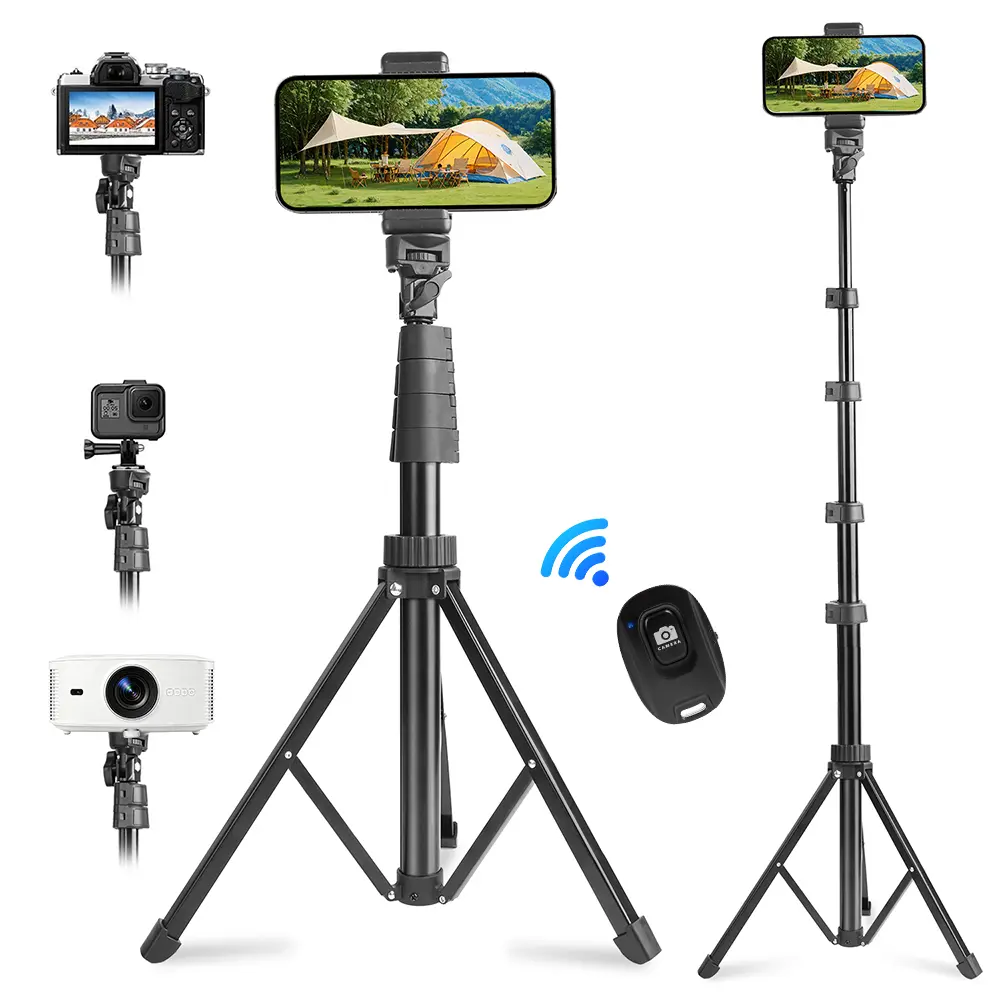 62.9" 2-in-1  tripode cona rodeluz  flexible Tripod stand Selfie Stick, height adjustable, comes with wireless remote and phone clip. Compatible with phones and cameras, lightweight & portable for selfies, live streaming, vlogging Tripod with Remote