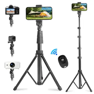 62.9" 2-in-1 Rotatable Tripod Selfie Stick, retractable height adjustable, with wireless remote and universal phone clip. Works，with iPhone, Android and cameras. Lightweight portable for selfies, live streaming, vlogging and outdoor shooting.