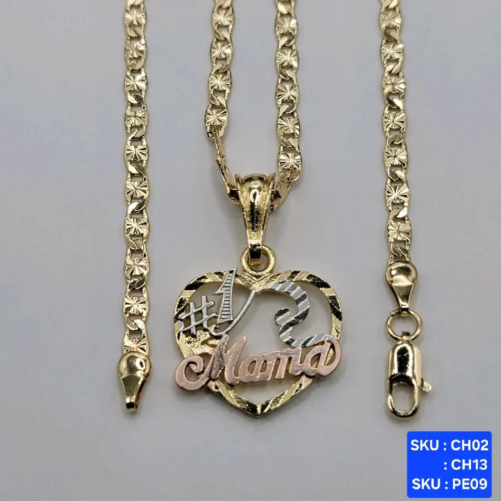 #1 Mama Hearts pendant 3 colors, Select a Chain Link Style and size 24 & 18 Inches 4mm wide Laminated Gold Elegant Design SKU : PE09