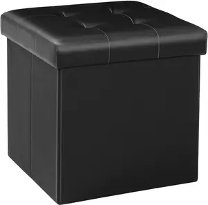 Black Folding Storage Ottoman Cube| 12.6" Faux Leather Footrest & Seat