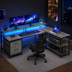 73" Reversible L-Shaped Gaming Desk with LED Lights & Power Outlets, Computer Desk with Ergonomic Monitor Stand & File Drawers,home office furniture study table