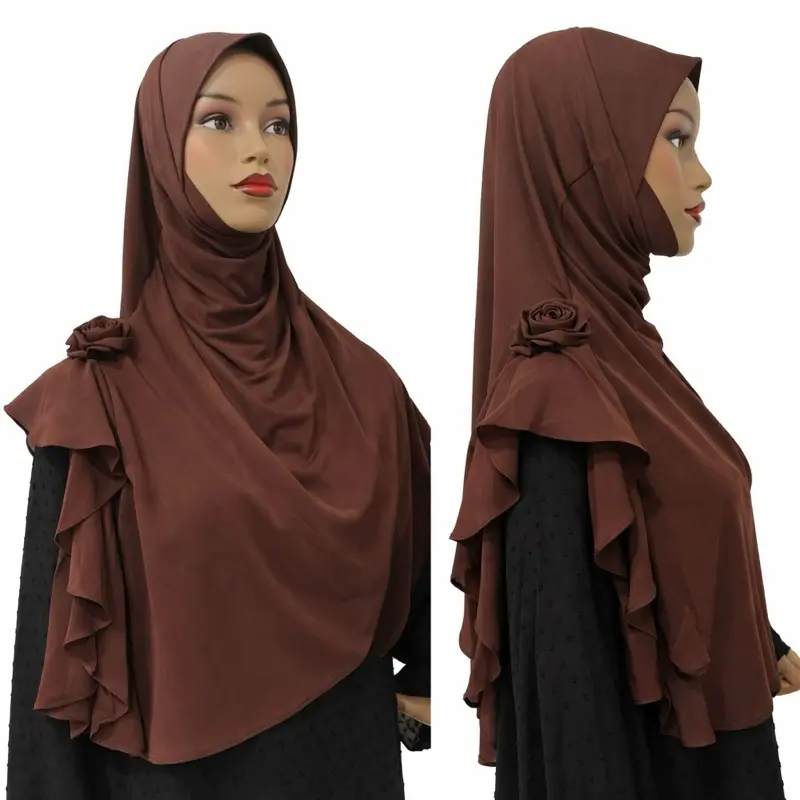 Cocoa Brown Rosette Grace Instant jersey Hijab with chiffon 3D Rose Accent shoulder panel