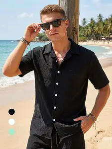 Men's Casual Seersucker Beach Shirts, Beachy Shirt Summer Vacation Tropical Hawaiian Shirt, Short Sleeve Button Down Tee Tops T-Shirts, Lightweight Wrinkle Free Menswear