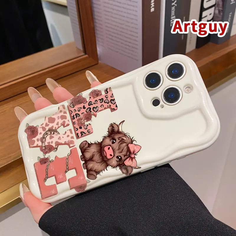 Cream Phone Case for iPhone 16 Pro Max 15 Plus 14 13 12 11 XS XR Cute Cow Love Pattern Curly Wave Frame Pocket-Friendly Shockproof Silicone Protective SoftCream Case Cellphone Casing