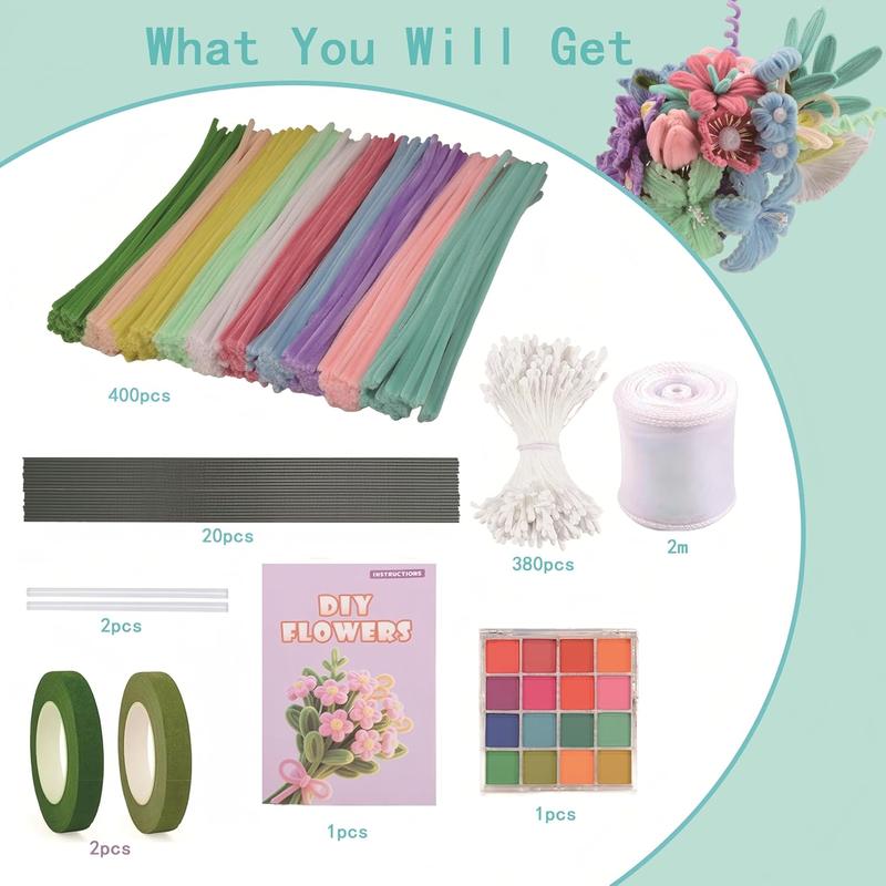 Pipe Cleaners Craft, 400 count Pipe Cleaners with Flower Stems, Floral Tape, Ribbon, for Flower Bouquet DIY-Colorful