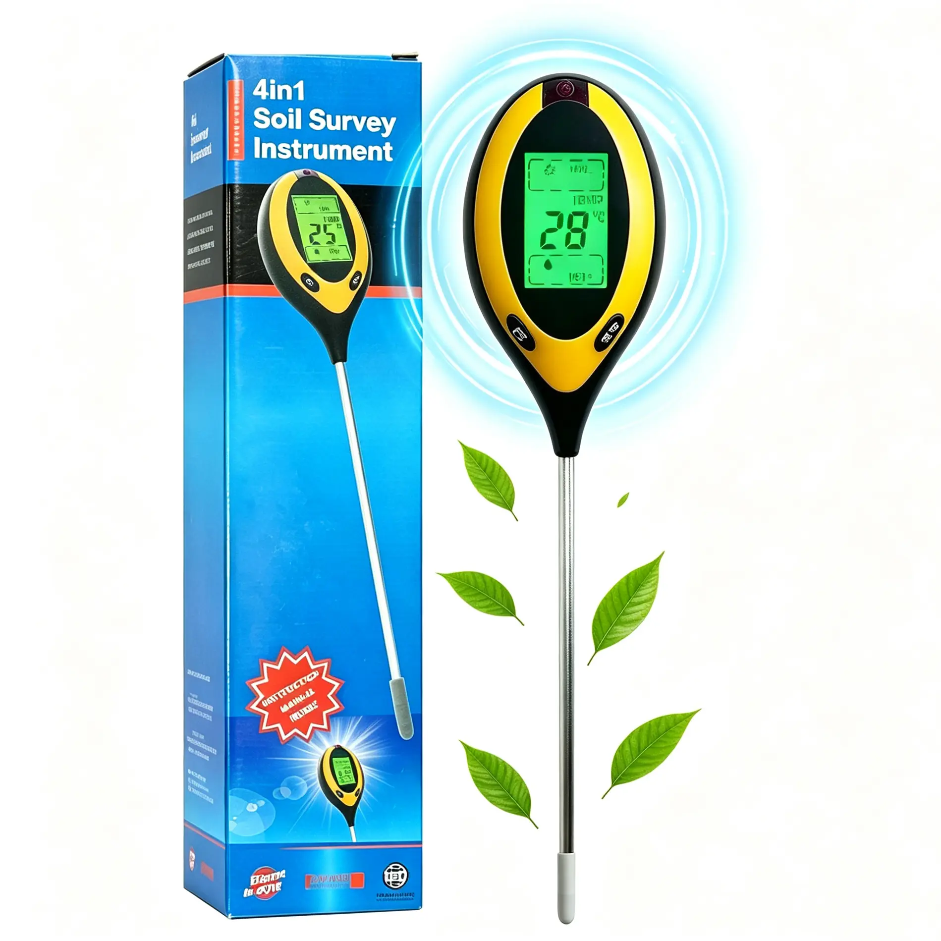 4-in-1 Digital Soil Tester with Long Probe, Backlit LCD Soil Sensor Kit Test Soil Moisture pH Temperature Sunlight Intensity, Gardening Tool for Indoor Houseplants Outdoor Garden Farm Large Potted Plants