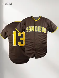 San Diego 13 Baseball Jersey Embroidered, Tan Pinstripe Loose Fit Breathable Shirt, Men Women Vintage Casual Streetwear Top