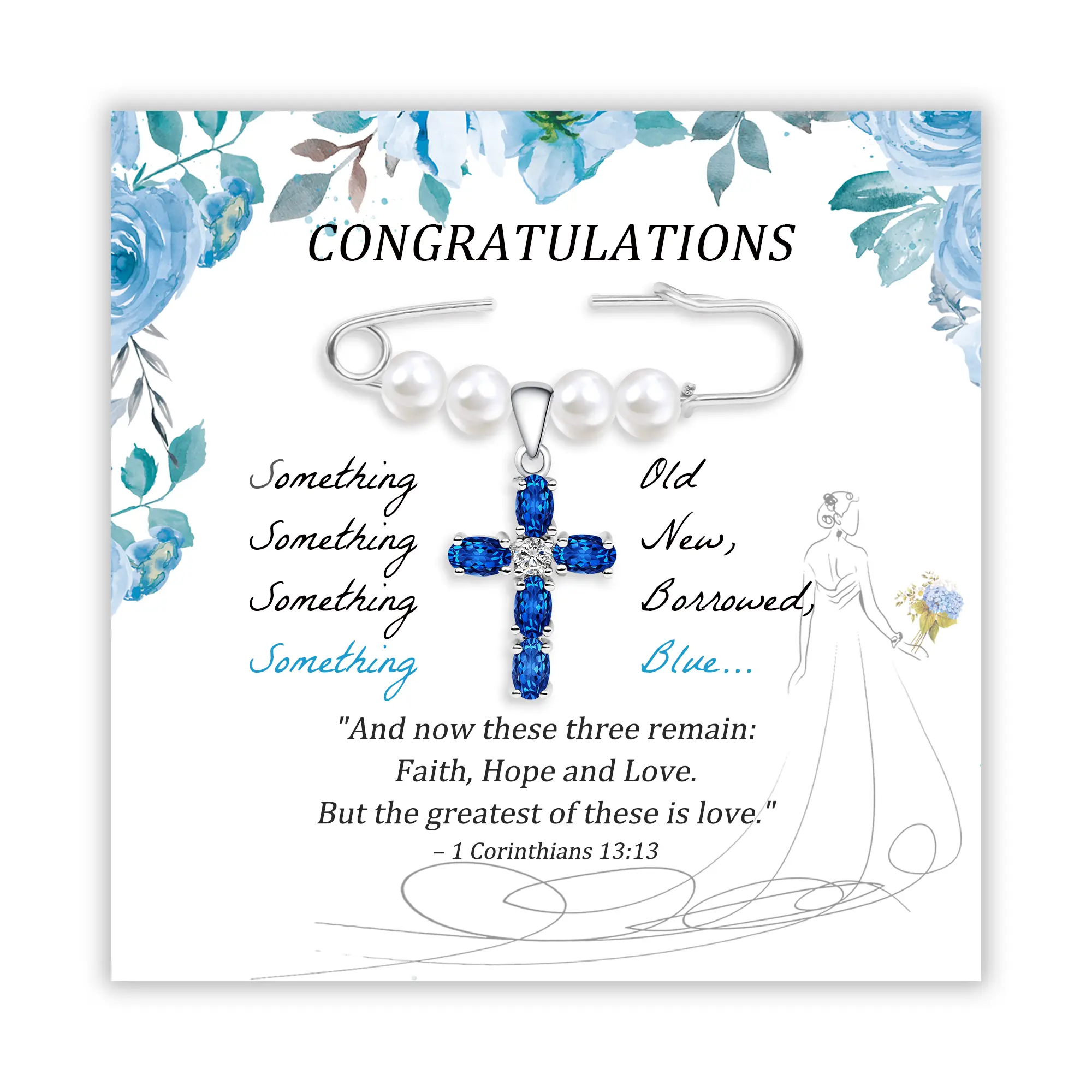 Blue Wedding Brooch | An elegant pearl cross brooch designed for Christian brides and grooms; suitable as a wedding gift or for adorning a wedding gown or suit, bridal bouquet, or garter