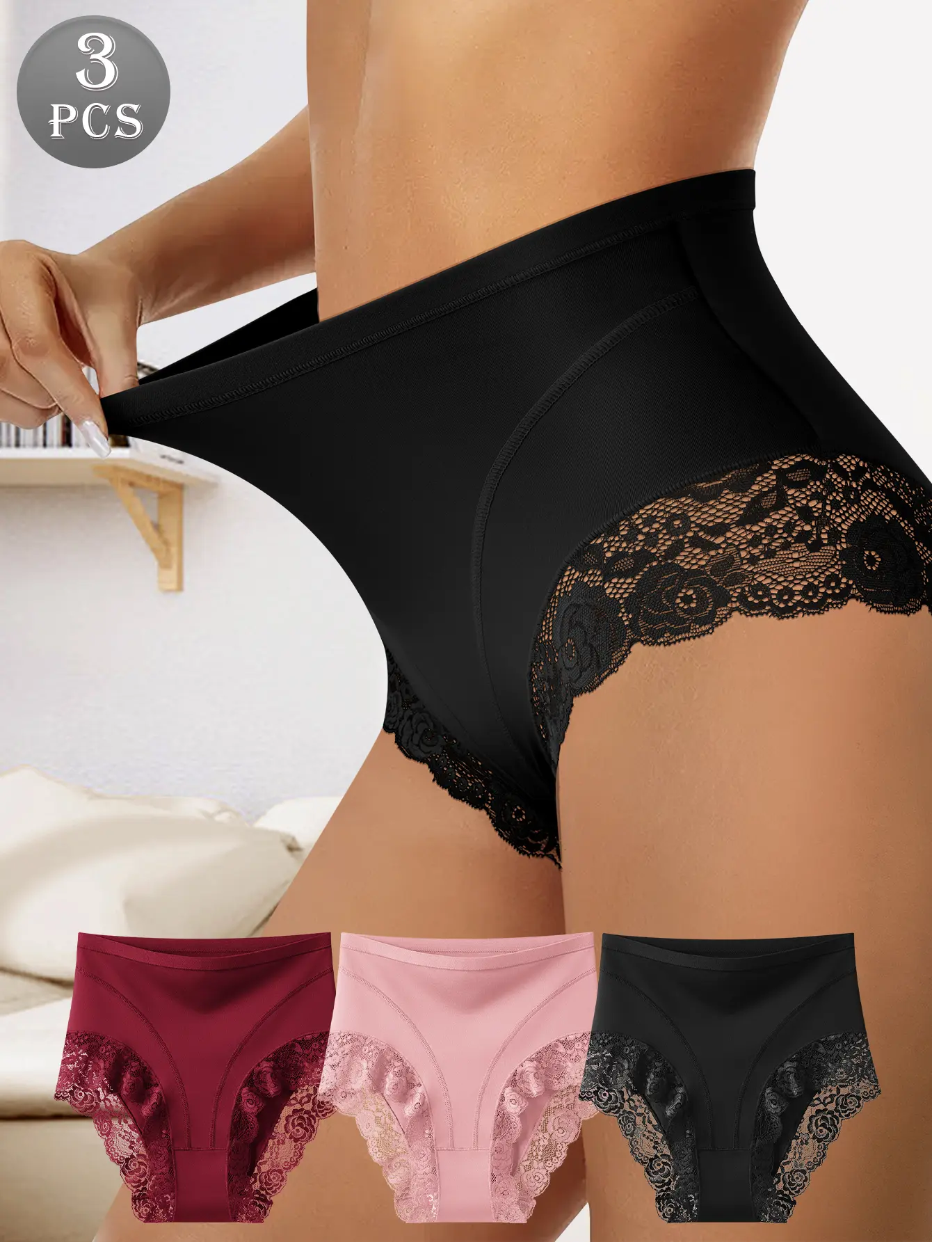 QUASTI 3-Piece High-Waisted Elegant Breathable Lace Women's Panties, Tummy Control & Butt Lifting, Super Soft & Comfortable, Skin-Friendly Underpants, Essential Brief for Elegant Womenswear, Sizes S-XXL