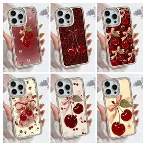 Glitter Cherry and Bow Diamond Border Phone Case - Cute & Sparkly Vibes Phone Case For iPhone 17 16 15 14 13 12 11 PRO PLUS MAX Phone Case #YGSMXZSHYYT1