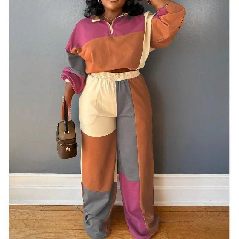 Vintage Casual Patchwork Women's Two-Piece Set Long Sleeve Zipper Pullover and Straight Drawstring Pants for Wear, Comfort, Coord Set, Wear Elegant Modern Classic Comfortable Stretchy Relaxed Lightweight Breathable Soft