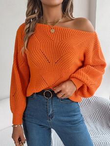 women's simple style hollow out bishop sleeve longsleeves sweater, lady minimalist comfort soft asymmetrical neck long sleeve pullover, womenswear, casual elegance knitwear for fall & winter, fall clothes