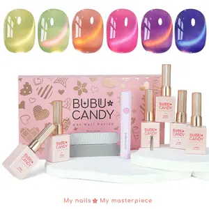 15ML*6PCS Fruit Cat's Eye Gel Nail Polish BUBU CANDY Soak-Off Gel Polish With LED Light x1, Rubbing Strips x2 - Hema & TPO-Free, LED/UV Cure, Art Manicure Salon DIY At Home For New Year, Valentine's Day, Party, Travel