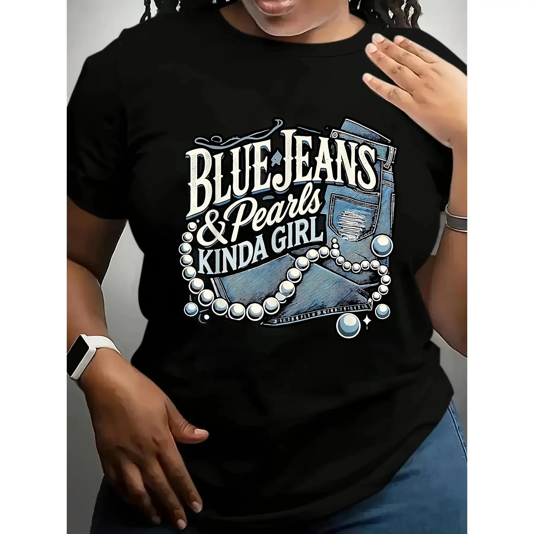 Women's Blue Jeans & Pearls Graphic T-Shirt - Cotton Casual Short Sleeve Round Neck Top with Geometric Design for Spring/Summer Daily Wear, Everyday Comfort Tee, Relaxed Fit Shirt, Durable Casualwear