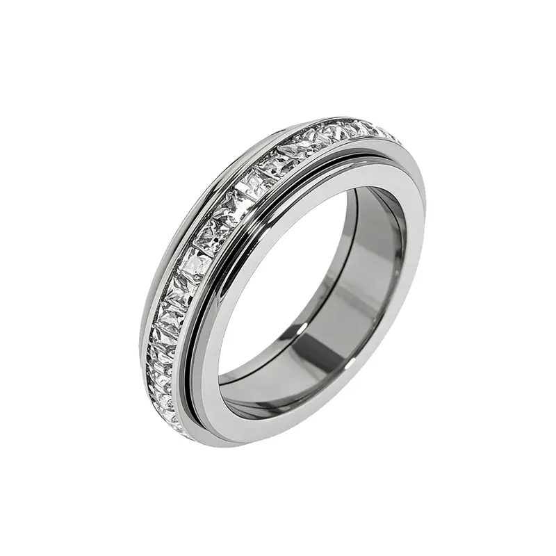 Unisex Titanium Steel Anxiety Ring - Synthetic Silver Cubic Zirconia Round Comfort-Fit Band, Spin-to-Calm Stress Relief, Does Not Fade, Synthetic Zirconia Ring, Engagement/Anniversary/Birthday Gift, Daily Wear, Sizes 5-12