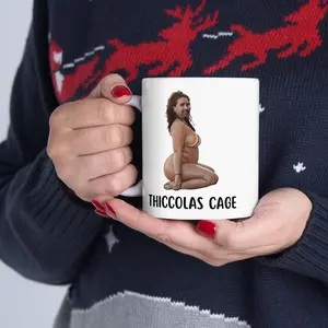 Nicolas Cage Funny Ceramic Mug – Thiccolas Cage Coffee Cup – Secret Santa & White Elephant Gag Gift – Meme Mug 11oz & 15oz