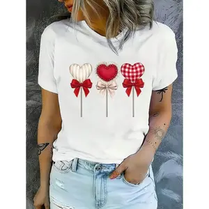 Women Casual T-Shirt, Comic Heart Pattern For Valentine's Day