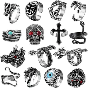 YADOCA 15Pcs Vintage Punk Rings for Men Women Snake Ring Dragon Open Rings Set Knuckle Stacking Ring Boho Finger Rings