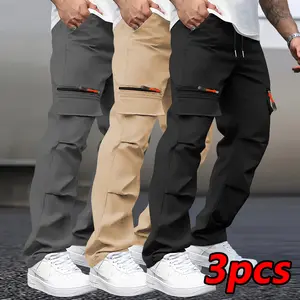 Men's Casual Work Pants Set of Three Solid Color Multi-Pocket Cargo Trousers for Everyday Wear & Outdoor Activities Functional Design Lightweight Durable Fabric Versatile for All Seasons