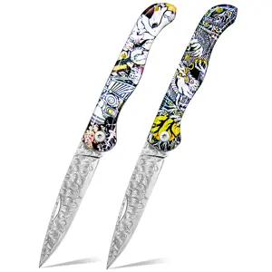 Advanced Damascus steel folding kitchen knife, fruit knife, tiger dragon artistic handle, ultra sharp chef knife for cutting meat, vegetable slicing, camping, etc, EDC， Men's Cool Kitchen Small Tool Gift