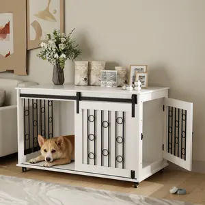 Modern Wooden Dog Crate Furniture 39.37'' with Sliding Barn Door & Side Door Indoor Kennel End Table for Small to Medium Dogs White Decorative Pet Crate with Metal Bars & Lockable Wheels