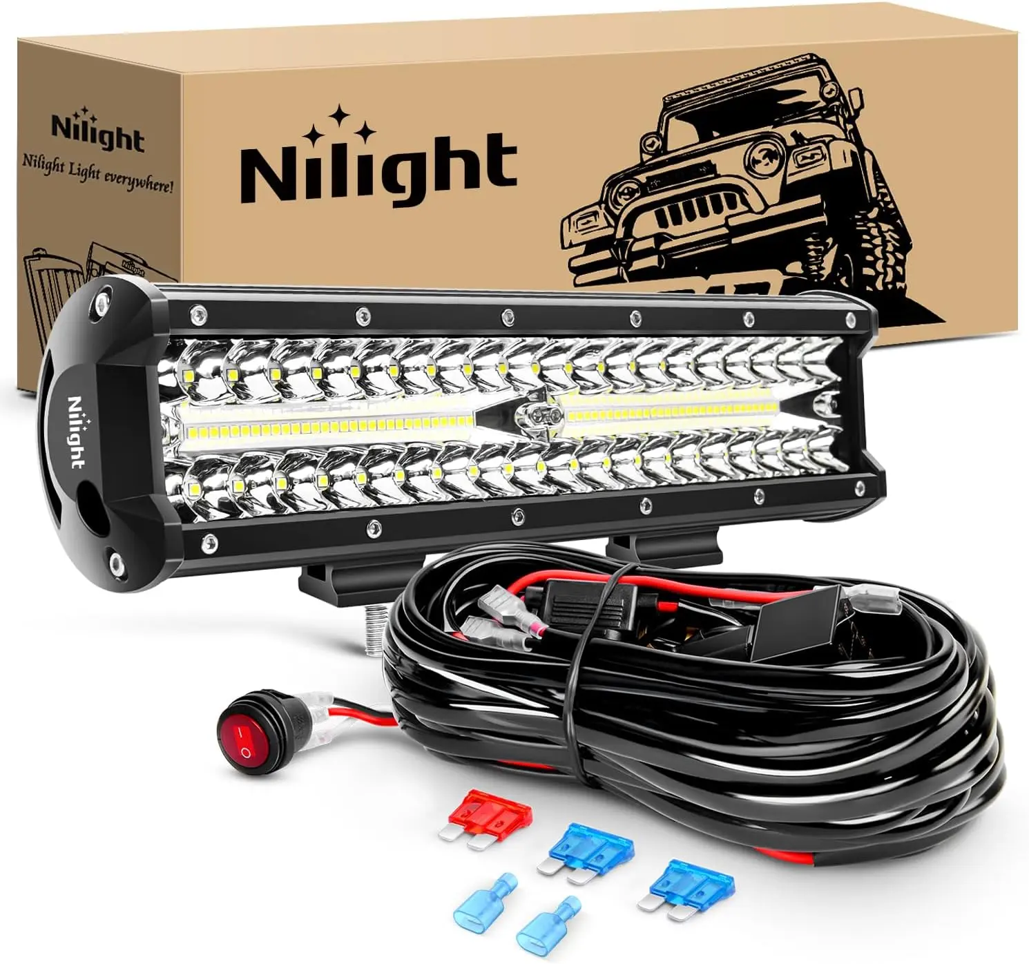 Nilight 12in 300W Triple Row Flood-Spot Combo LED Light Bar, 30000LM Off-Road Work Light with 16AWG Wiring Harness Kit for Trucks, Led Car Lights
