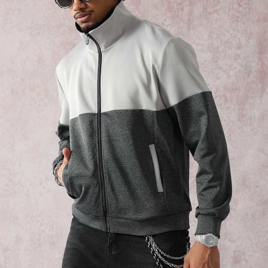 Men’s Lightweight Casual Collared Patchwork Jacket - Collegiate Style, Gray-White Contrast, Long Sleeve, Breathable Fabric, Zip-Up Closure, Side Pockets, Ultra-Versatile Fit