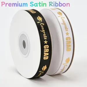 Black White Gold Graduation Satin Ribbon Set, 2 Rolls 50 Yards Foil Wide Ribbon, Congrats Grad Gift Wrapping Ribbon for Graduation Party Decor, DIY Crafts, Bouquet Wrapping, Graduation Outfit and Keepsake Gifts
