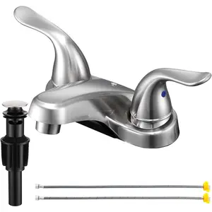 Bathroom Sink Faucets 2/3 Hole,Brushed Nickel Dual Handles 4 inch Plastic Plating Over Bathroom Faucet with Pop-up Drain and 2 Supply Hoses for Apartment Rvs Sink Vanity