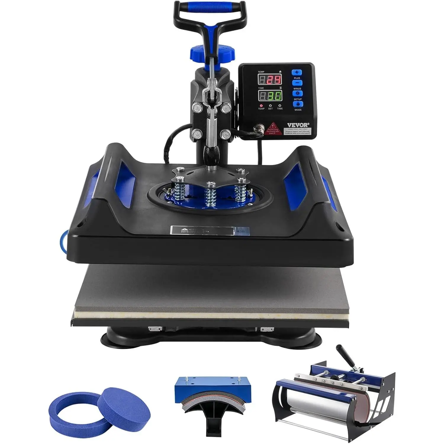 VEVOR 5 in 1 Heat Press Machine, Heat Transfer Machine with 30 oz Tumbler Press, 15 x 15 inch, 360° Swing Away T-Shirt Pressing, Fast Even Heating, for T-Shirts/Mugs/Plates/Hats, Black+Blue