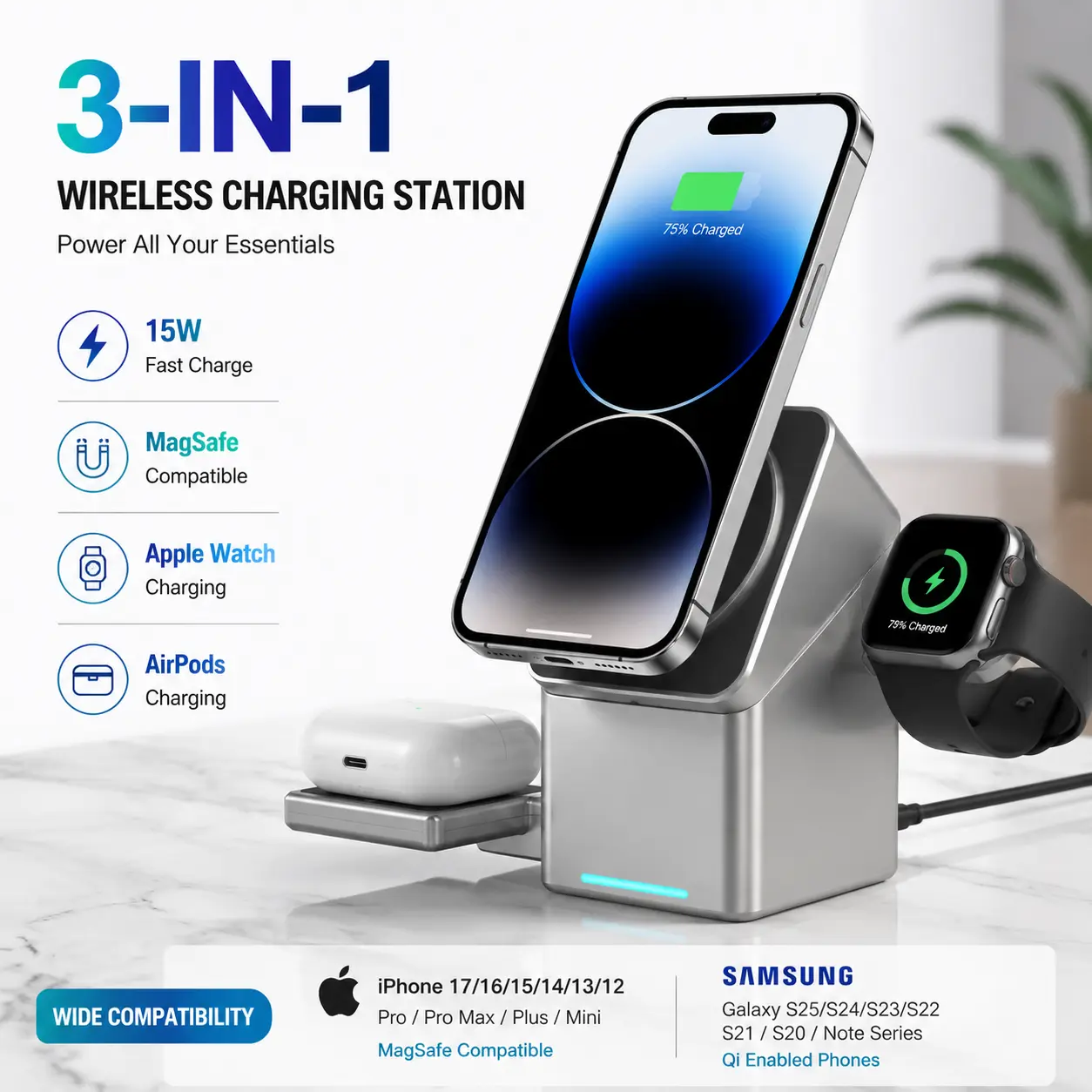 3 in 1 Magnetic Wireless Charging Station with Cable, 15W Fast Auto-Rotatable Charger Stand for iPhone 17 16 15 14 13 Pro Max, Apple Watch 10/9/Ultra, AirPods & Samsung Galaxy - 15W Desktop Charging Dock