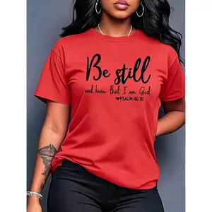 100% cotton Minimalist Cursive Scripture Print Red Crewneck Tee, Psalm 46:10 Faith Based Top for Christian Women’s Everyday Outfit