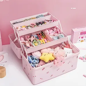 Foldable Three-Layer Jewelry Storage Box with Handle, Lockable Desktop Organizer for Hair Clips, Headbands, Cosmetics, Sewing Supplies