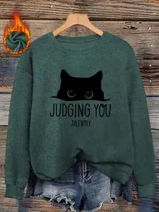 Women's Fall Winter Round Neck Faux Fur Top, Warm Soft Skin-Friendly Cat Print, Casual Fitted Sweater for Daily Wear