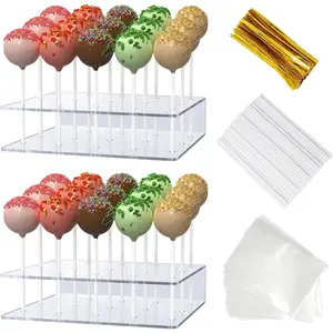 2 Pack Cake Pop Stand with Sticks Kit Acrylic Lollipop Hold Stand Clear Cake Pop Display Holder 15 Holes Candy Pop Holder with 100 Pcs Sticks for Dessert Display