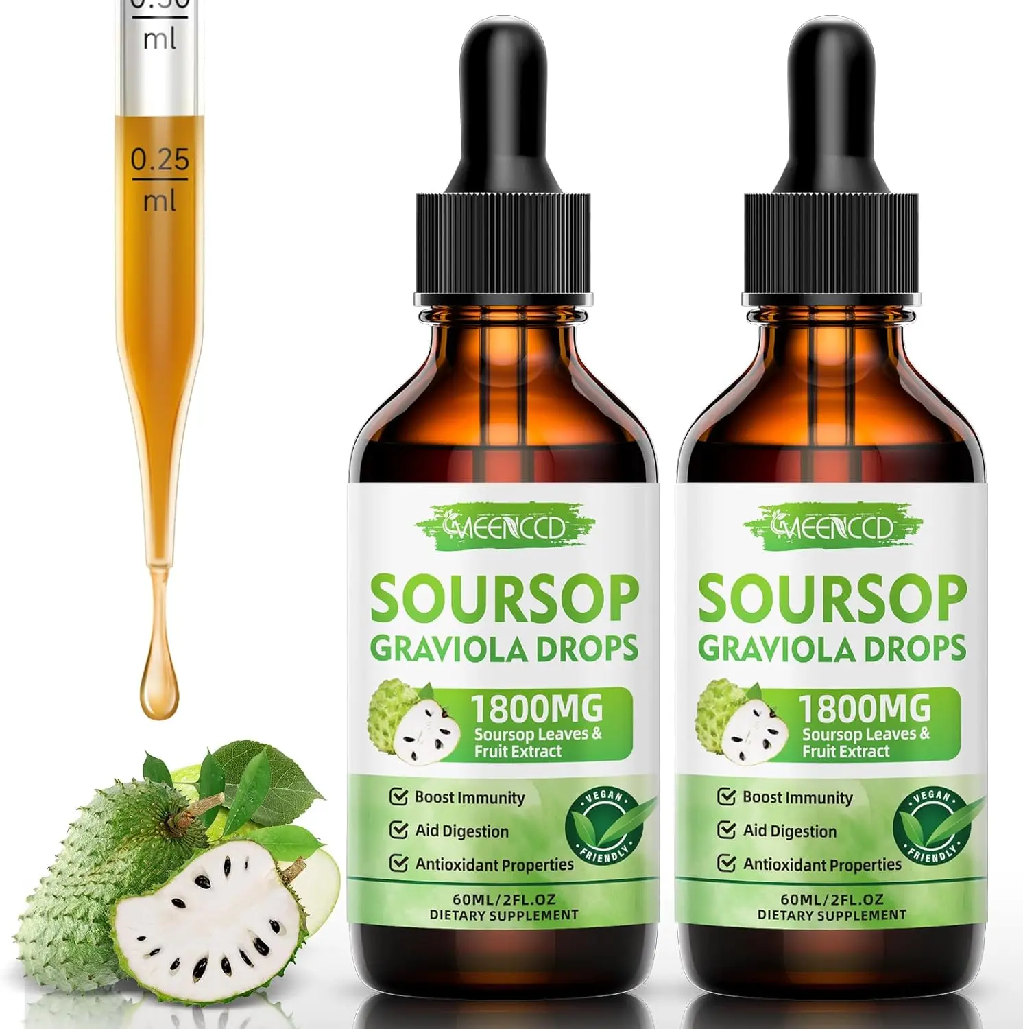 Soursop Graviola Liquid Drops 1800mg for Cell Support & Regeneration, Immune Boost, Relax, Liver and Zzz, Soursop Bitters Liquid, Herbal Goodness, Vegan, Sugar Free, Apple Flavor, 4 Fl Oz