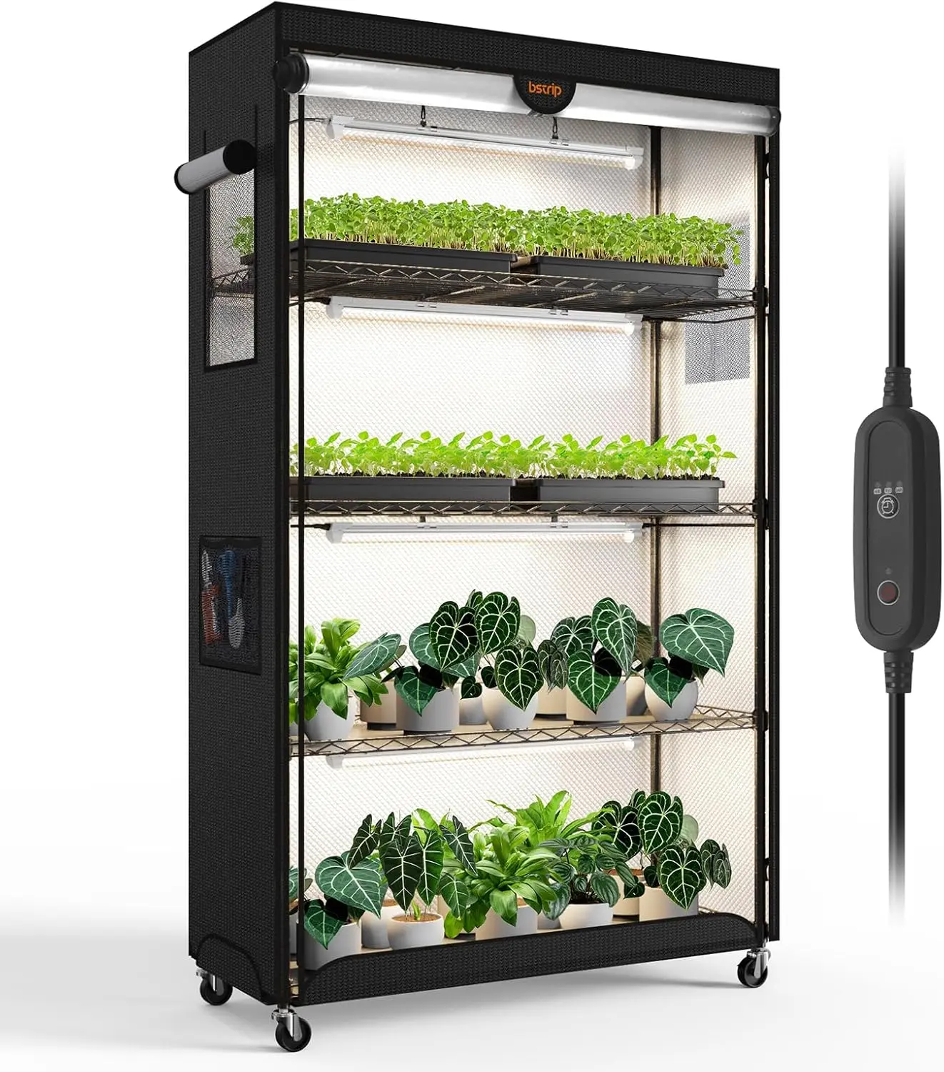 Bstrip PD95 Indoor Greenhouse with Grow Light, 4-Tier Plant Shelf with Oxford Fabric Grow Tent, Full Spectrum LED Grow Light System with Timer, Indoor Plant Cabinet for Seed Starting, 35.4" x 13.8" x 59"