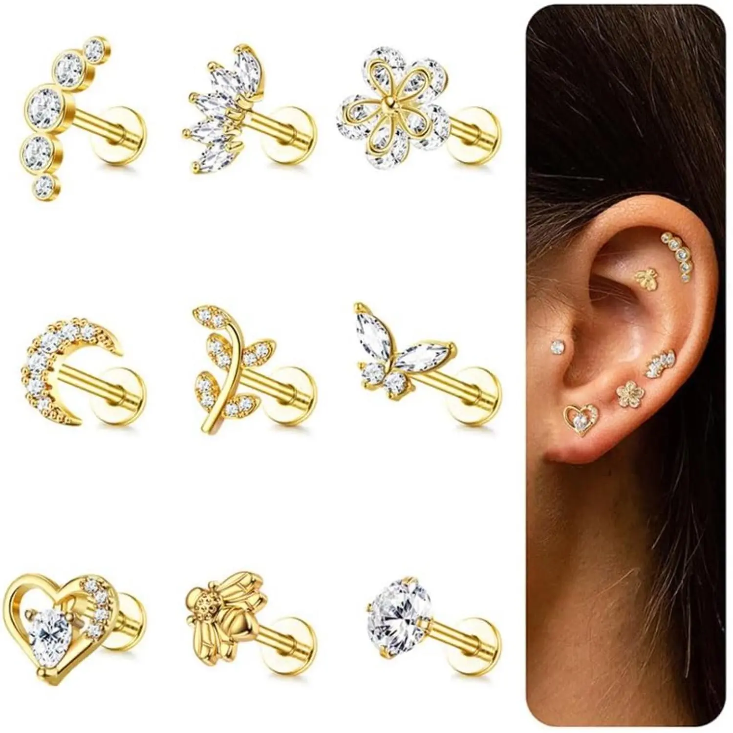 YADOCA 9Pcs 16G Cartilage Studs, High Quality Stainless Steel Earrings with Zirconia Butterflies & Moon for Women Men, Helix Tragus Conch Jewelry, Sparkling Ear Jewelry, High Quality Earrings, Earring Stacks, Cz Stones Earrings