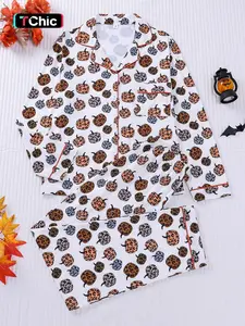 2-piece set full of leopard print pumpkin Halloween long sleeved pants, soft and comfortable, skin friendly, smooth button closure top, small pocket, elastic waistband, suitable for all seasons home, casual wear, pajamas