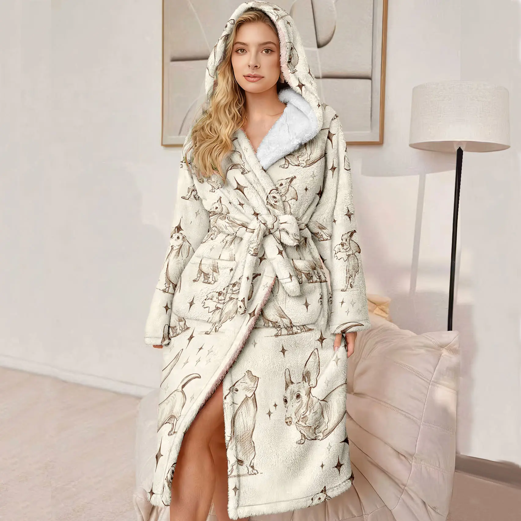Plus Size Women's Hooded Luxury Bathrobe, Ultra Comfortable Plush Robe with Belt and Pockets, Dog Pattern, Winter Gift for Mom and Wife