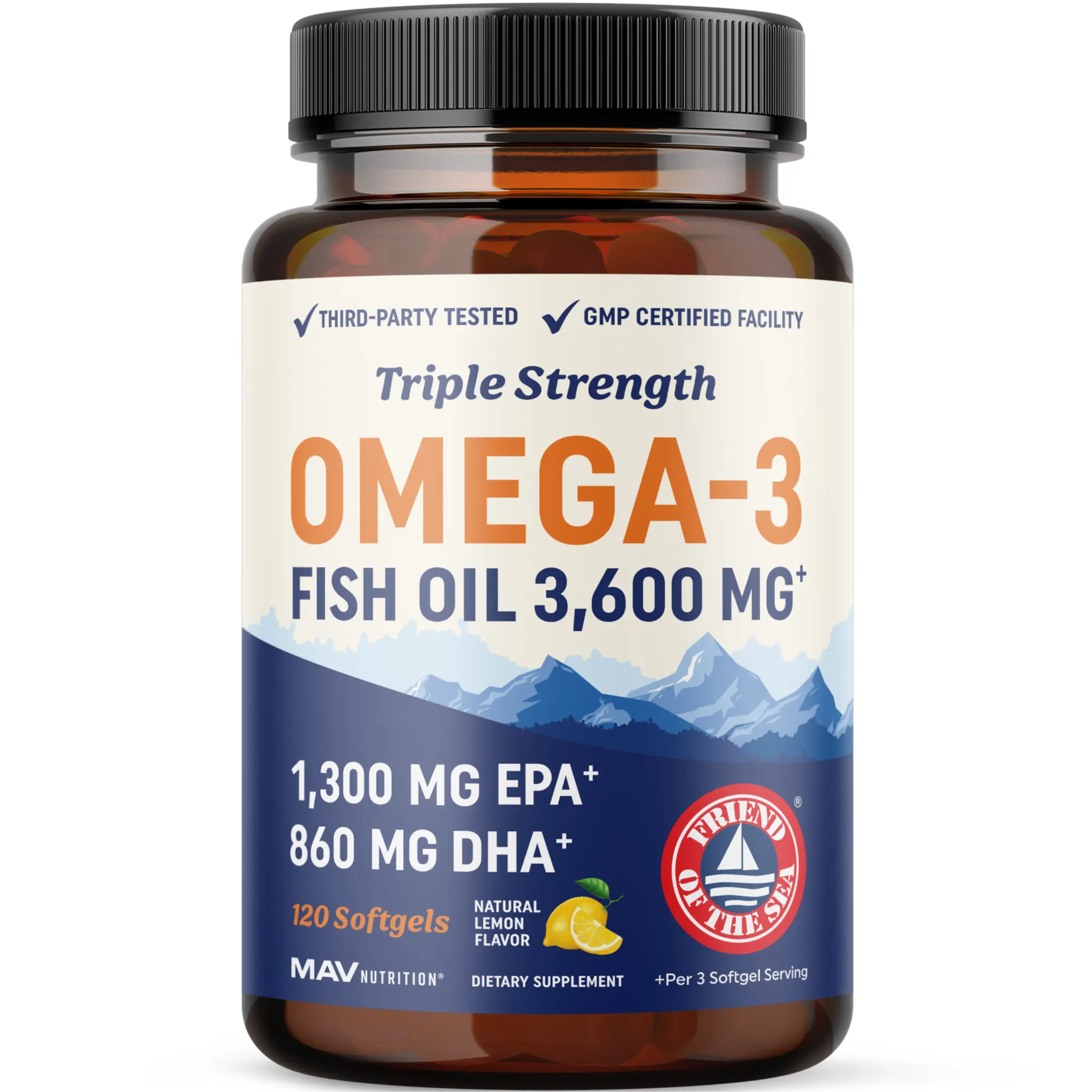 MAV Nutrition Triple Strength Omega-3 Fish Oil Health Supplements, 3600 mg EPA & DHA, Wild Caught Sustainably Sourced Premium Burpless, Clean-Label-Certified Dietary Supplement
