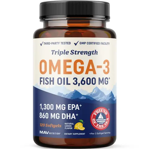 MAV Nutrition Triple Strength Omega-3 Fish Oil Health Supplements - 3600mg EPA & DHA, Wild Caught Sustainably Sourced, Premium Burpless, Clean-Label-Certified, Doctor-Formulated Dietary Supplement, Supports Brain and Eyes