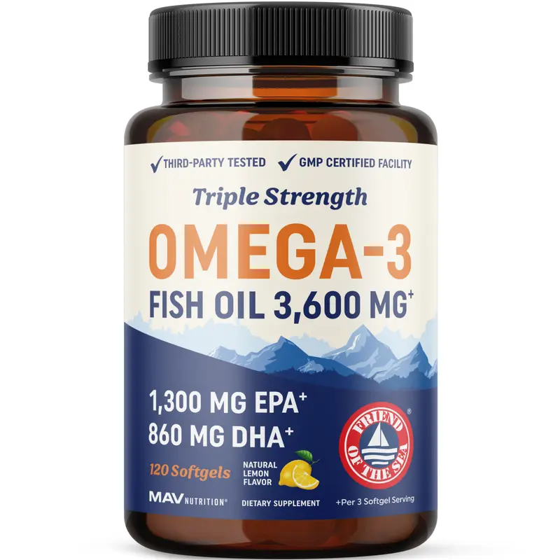 MAV Nutrition Triple Strength Omega-3 Fish Oil Health Supplements - 3600mg EPA & DHA, Wild Caught Sustainably Sourced, Premium Burpless, Clean-Label-Certified, Doctor-Formulated Dietary Supplement, Supports Brain and Eyes